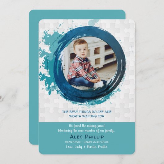 パズルの部分の青い写真の採用の発表 招待状 (正面/裏面)