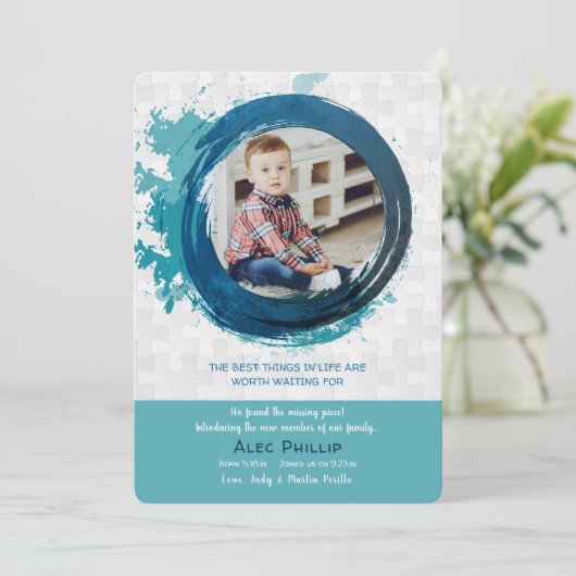 パズルの部分の青い写真の採用の発表 招待状 (スタンド正面)