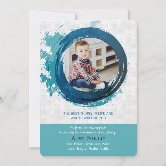 パズルの部分の青い写真の採用の発表 招待状 (正面)