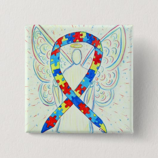 パズルエンジェル自閉症意識リボンアートピン 缶バッジ (正面)
