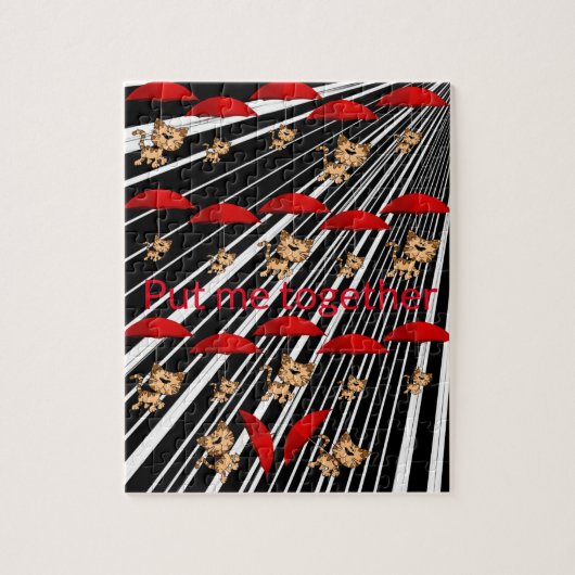 パズルネコ赤い傘グレーブラックストライプ ジグソーパズル (縦)