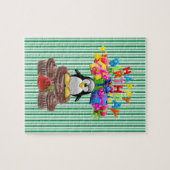 パズルハッピーバースデーペンギングリーンストライプ ジグソーパズル (横)