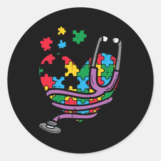 パズルハート聴診器自閉症啓発看護 ラウンドシール (正面)