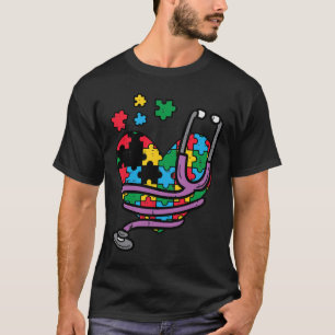 パズルハート聴診器自閉症啓発看護 Tシャツ