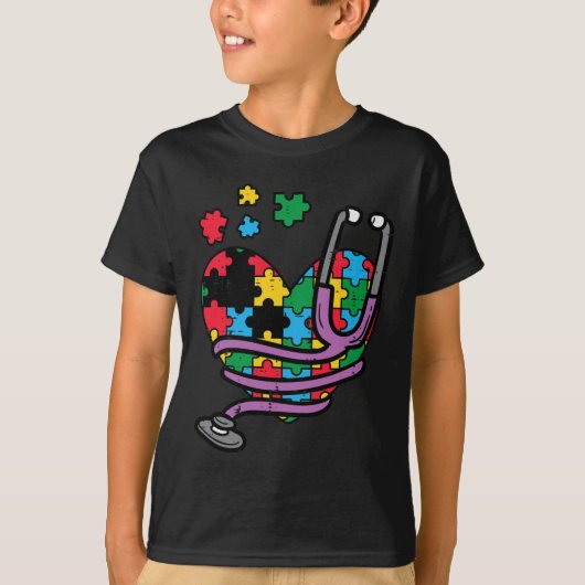 パズルハート聴診器自閉症啓発看護 Tシャツ (正面)