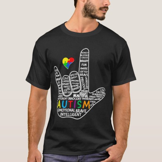 パズルハートAslラブサイン言語手自閉症Aw Tシャツ (正面)