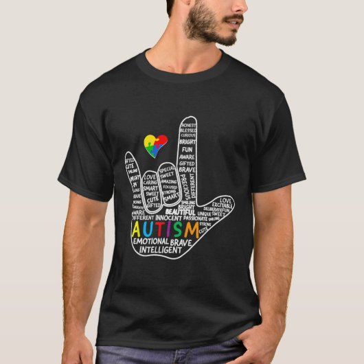 パズルハートASLラブサイン言語手自閉症Aw Tシャツ (正面)