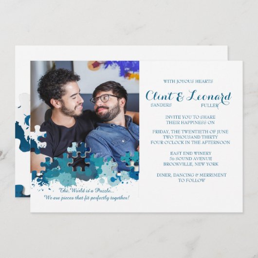 パズルピースブルーフォト結婚式招待状 招待状 (正面/裏面)