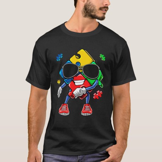パズルピース フロスダンス 自閉症啓発月間 キ Tシャツ (正面)