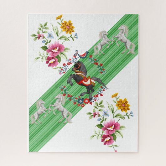 パズルフローラグリーンストライプホワイトホースブラウンホース ジグソーパズル (縦)