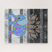 パズルブルーエレファントブラック&ホワイトマーブルフローラ ジグソーパズル (横)