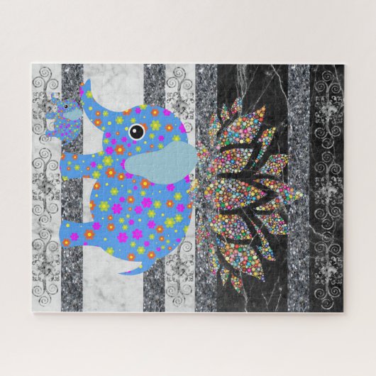 パズルブルーエレファントブラック&ホワイトマーブルフローラ ジグソーパズル (横)