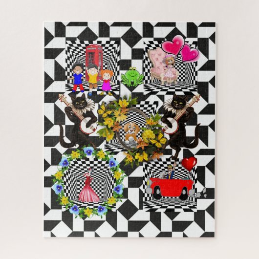 パズルヴィンテージガールドッグキャットフローラ車 ジグソーパズル (縦)