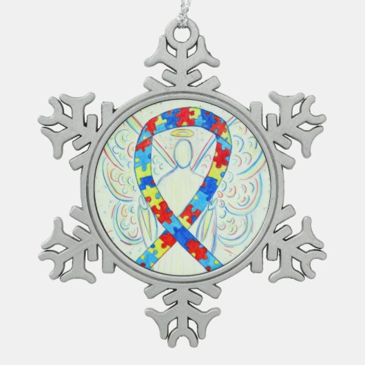 パズル認識度リボンエンジェルカスタマイズオーナメント スノーフレークピューターオーナメント (正面)