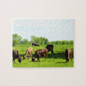 パズル – 緑の牧草地で草を食べる茶色の牛 (横)