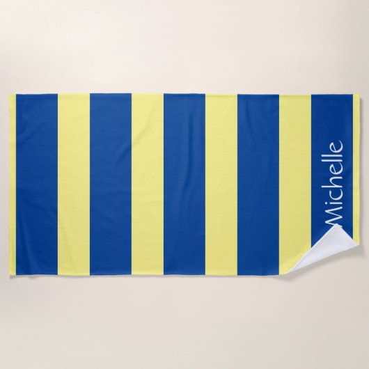 パタストライプのーン青パーソナライズされた黄 ビーチタオル (正面)