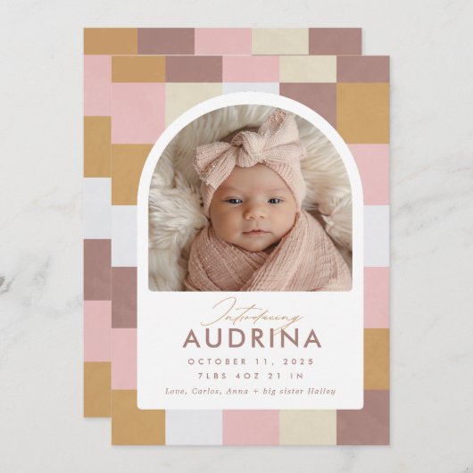 パタモダンーン市松模様に誕生写真の発表 案内状 (正面/裏面)
