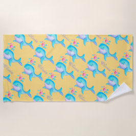 パタンサンドという，クジラの水彩画 ビーチタオル