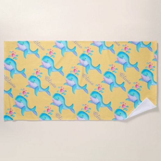 パタンサンドという，クジラの水彩画 ビーチタオル (正面)