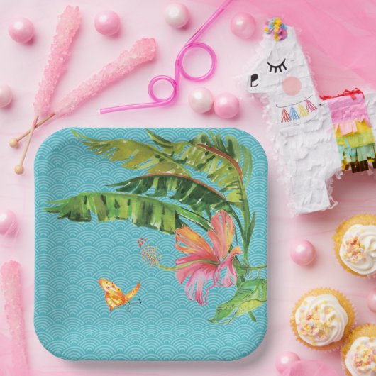 パタンブルートロピカルグリーン離れフローラ ペーパープレート (パーティー)