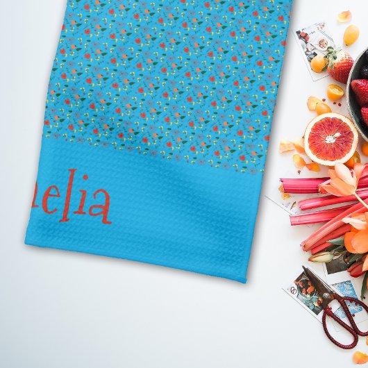 パタンレッドイエローミニワイルドフラワーターコイズ キッチンタオル