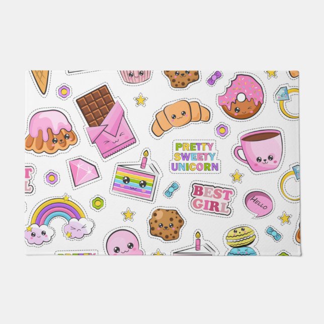 パターおもしろいンユニコーン魔法かわいい ドアマット (正面)
