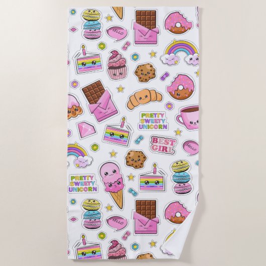 パターおもしろいンユニコーン魔法かわいい ビーチタオル (正面)