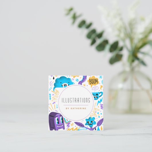 パターおもしろいン予測できな・グラフィック・デザイナ・イラストレータ スクエア名刺 (スタンド正面)