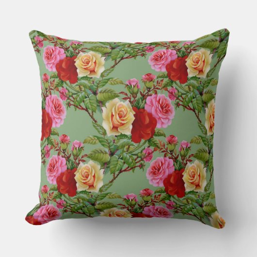パターはっきりしたン赤い黄色のピンクのバラと葉 クッション (正面)