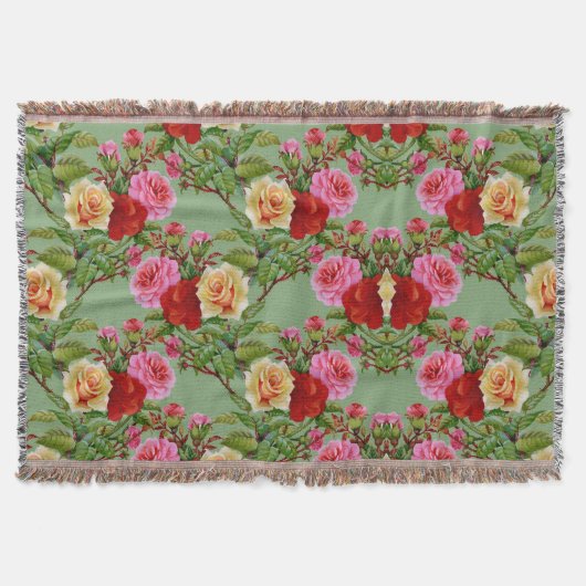 パターはっきりしたン赤い黄色のピンクのバラと葉 スローブランケット (正面)