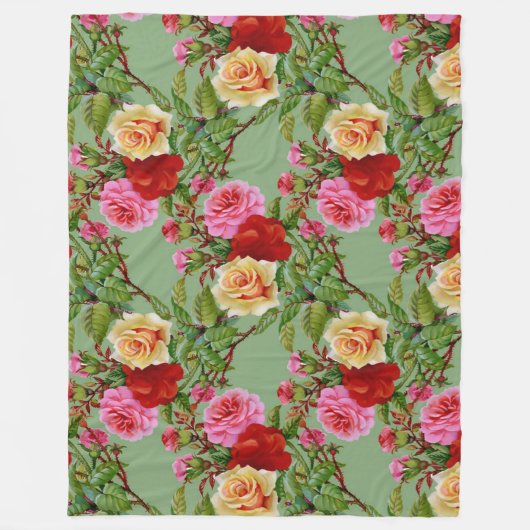 パターはっきりしたン赤い黄色のピンクのバラと葉 フリースブランケット (正面)