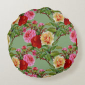 パターはっきりしたン赤い黄色のピンクのバラと葉 ラウンドクッション (裏面)