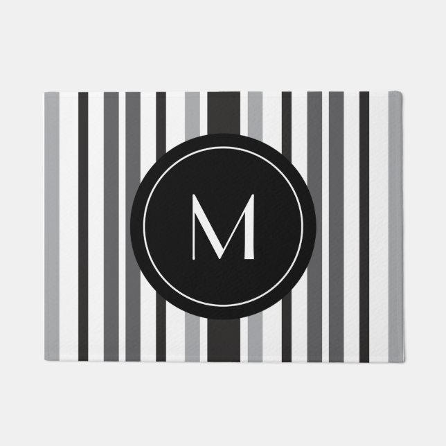 パターストライプのングレー白黒モノグラカスタムム ドアマット (正面)
