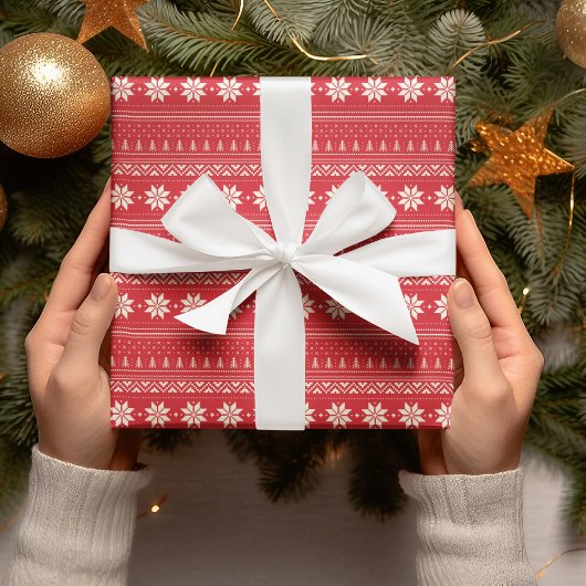 パターストライプンのクリスマスレッド&ホワイト ラッピングペーパー