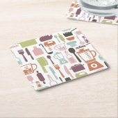 パターンとカラフル料理アイコン スクエアペーパーコースター (アングル)