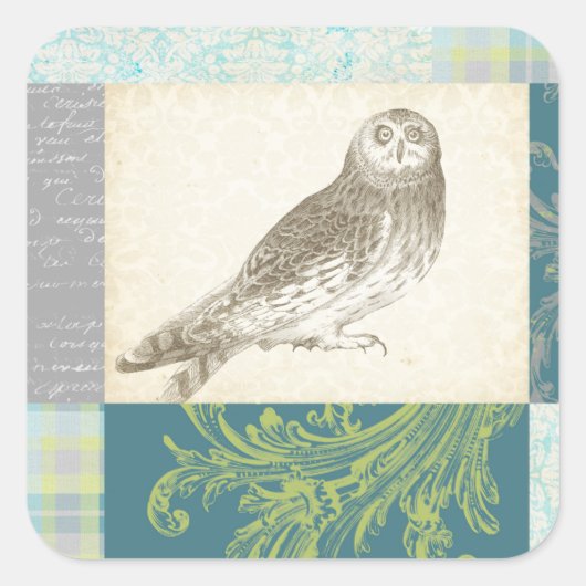 パターンの背景に灰色のフクロウ スクエアシール (正面)