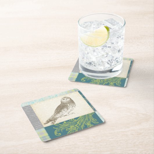 パターンの背景に灰色のフクロウ スクエアペーパーコースター (インサイチュ)