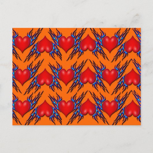 パターンの青い炎と赤いハートのポストカード ポストカード (正面)