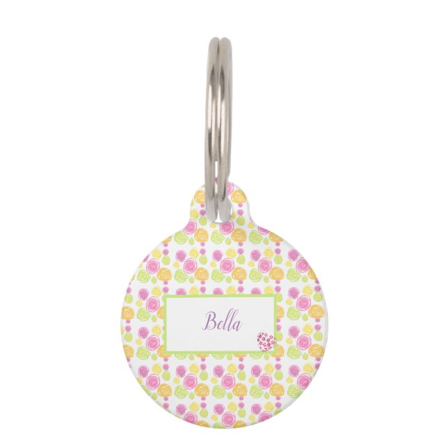 パターンシックバラシンプルピンクフローラグリーン ペット　ネームタグ (正面)