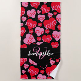パターンハートXOXO愛レッドピンクブラックモノグラム ビーチタオル
