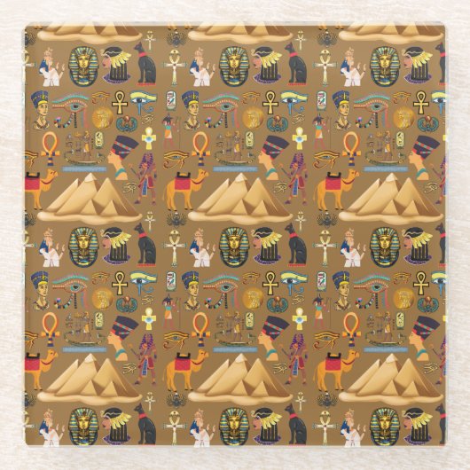 パターン古代エジプトの象形記号 ガラスコースター (正面)