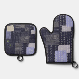 パターン日本のに似た刺し子のステッチ 鍋つかみ&鍋敷きセット