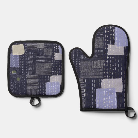 パターン日本のに似た刺し子のステッチ 鍋つかみ&鍋敷きセット (正面)