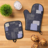 パターン日本のに似た刺し子のステッチ 鍋つかみ&鍋敷きセット (トップダウン)