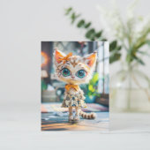 パターン柄のドレスを着た室内の子猫 シーズンポストカード (スタンド正面)