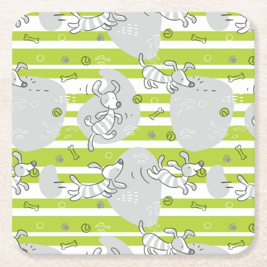 パターン背景を遊んでいる犬 スクエアペーパーコースター (正面)