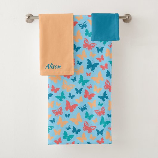 パターン蝶シンプルのベージュピンクターコイズブルー バスタオルセット (インサイチュ)