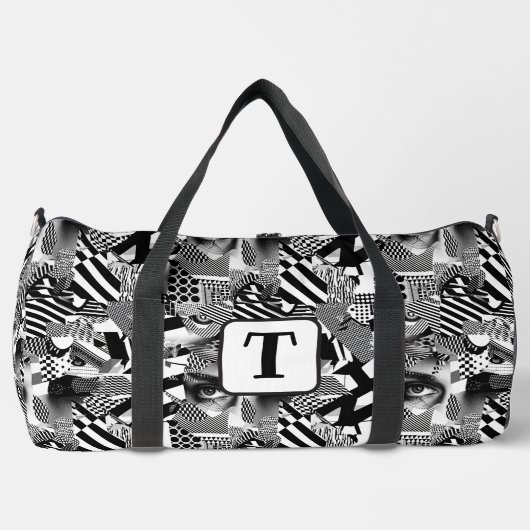 パターン1の白黒のアー違うトコラージュ ダッフルバッグ (正面)