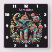 パターン（の模様が）あるカラフル象お祝い スクエア壁時計 (正面)