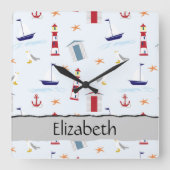 パター航海のン、マリンパターン、お名前 スクエア壁時計 (正面)